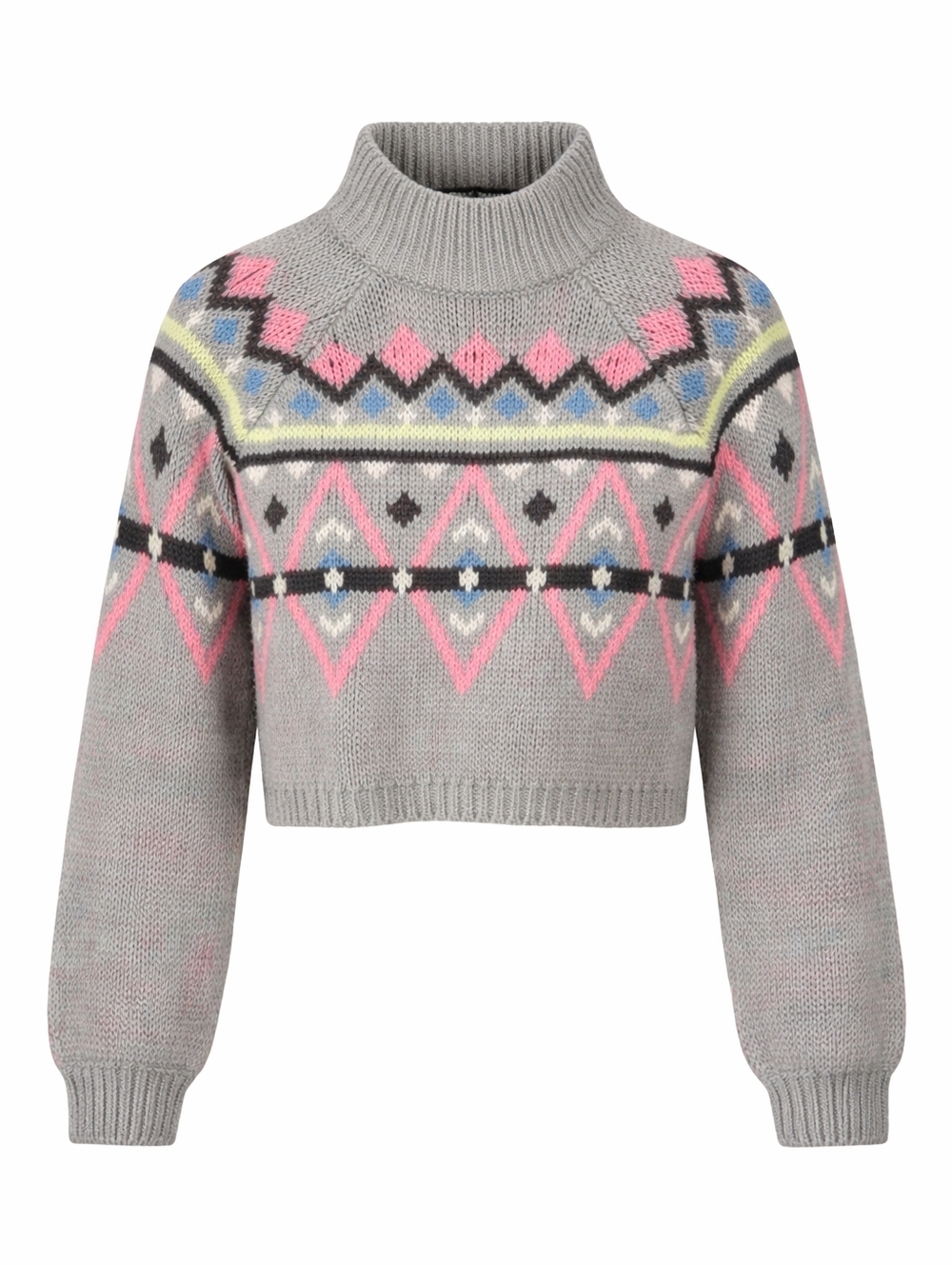 Tally Weijl Fair Isle Chunky Pullover Boxy Turtleneck Grey Cropped Sweater Sz M